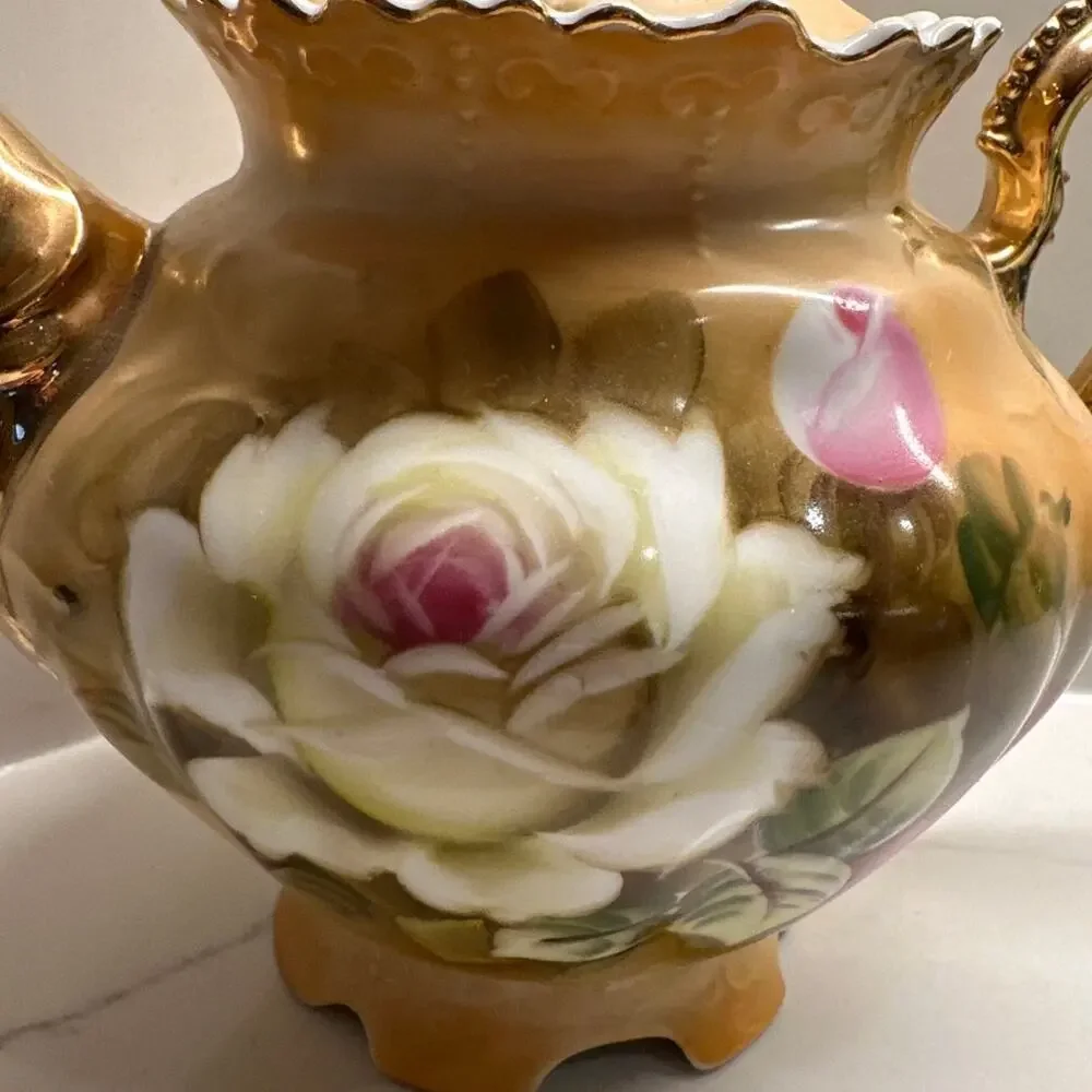 RARE Teapot & Lid Heritage Brown Floral Lefton 3112 6 Cup 6